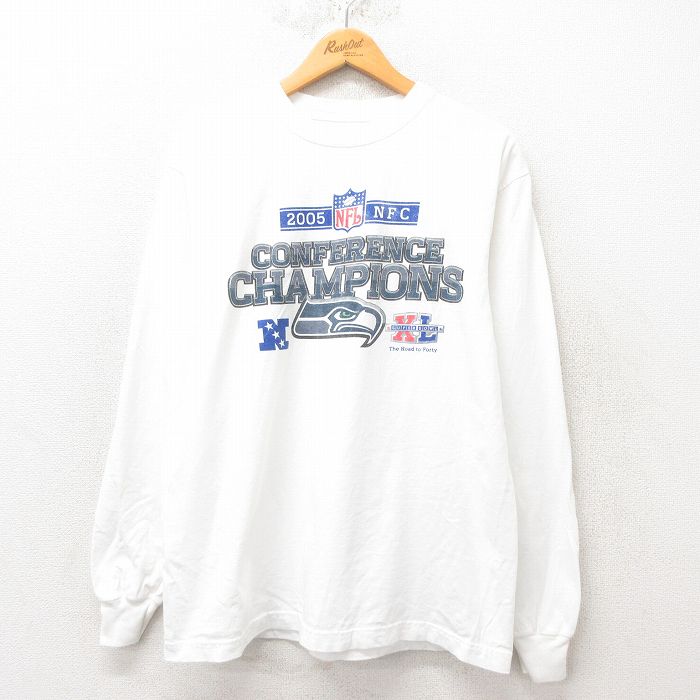 L★古着 リーボック REEBOK 長袖 ビンテージ Tシャツ メンズ 00年代 00s NFL シアトルシーホークス コットン クルーネック 白 ホワイト アメフト スーパーボウル 25jun06 中古