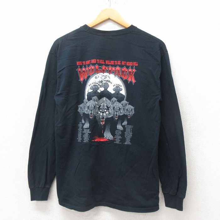 【50%OFF】M★古着 長袖 ビンテージ Tシャツ メンズ 00年代 00s ウルフパック コットン クルーネック 黒 ブラック 25jun06 中古