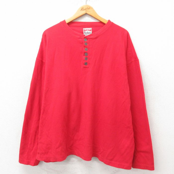 XL★古着 マルボロ 長袖 ビンテージ Tシャツ メンズ 90年代 90s 無地 コットン ヘンリーネック 赤 レッド 【spe】 25jun06 中古