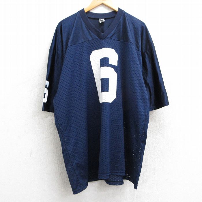 XL★古着 半袖 ビンテージ フットボール Tシャツ メンズ 90年代 90s 6 メッシュ地 大きいサイズ ロング丈 Vネック USA製 紺 ネイビー ゲームシャツ ユニフォーム 25jun09 中古