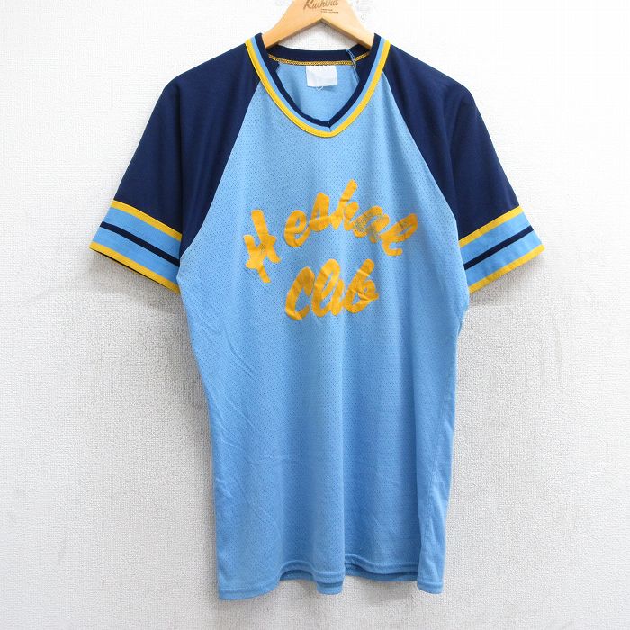 L★古着 半袖 ビンテージ Tシャツ メンズ 80年代 80s Heshal Club 77 ラグラン メッシュ地 Vネック 水色他 25jun09 中古