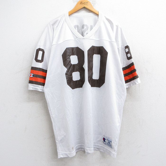 【50%OFF】XL★古着 チャンピオン champion 半袖 ビンテージ フットボール Tシャツ メンズ 90年代 90s RISON 80 メッシュ地 大きいサイズ ロング丈 Vネック USA製 白 ホワイト ゲームシャツ ユニフォーム 25jun11 中古