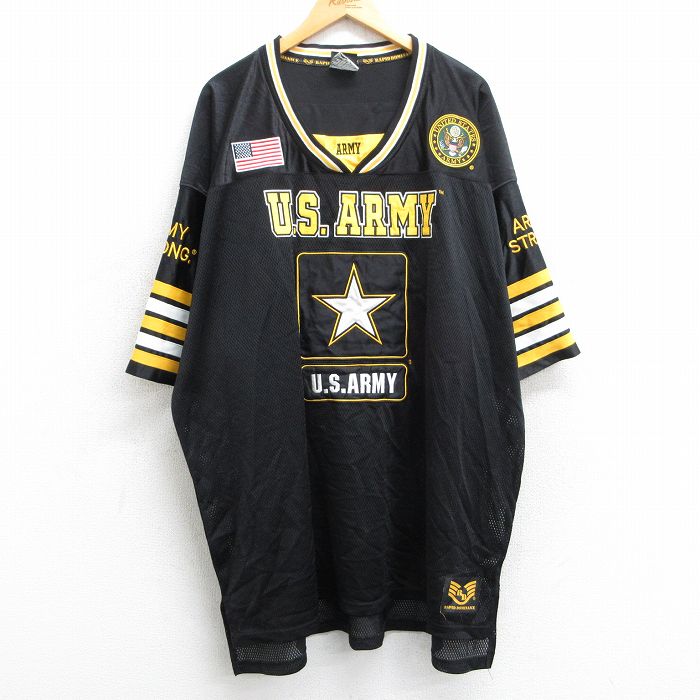 XL★古着 半袖 フットボール Tシャツ メンズ ミリタリー USアーミー ARMY メッシュ地 大きいサイズ ロング丈 Vネック 黒 ブラック ユニフォーム ゲームシャツ 【spe】 25jun11 中古