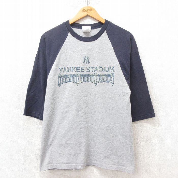 M★古着 マジェスティック 7分袖 ビンテージ Tシャツ メンズ 00年代 00s MLB ニューヨークヤンキース スタジアム クルーネック グレー 霜降り メジャーリーグ ベースボール 野球 25jun12 中古 7分丈 七分丈 七分袖