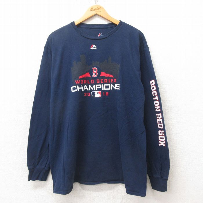 【50%OFF】XL★古着 マジェスティック 長袖 Tシャツ メンズ MLB ボストンレッドソックス 大きいサイズ クルーネック 紺 ネイビー メジャーリーグ ベースボール 野球 25jun12 中古