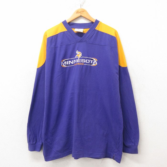 【50%OFF】XL★古着 長袖 フットボール Tシャツ メンズ NFL ミネソタバイキングス 刺繍 大きいサイズ ツートンカラー コットン Vネック 紫 パープル アメフト スーパーボウル 25jun12 中古