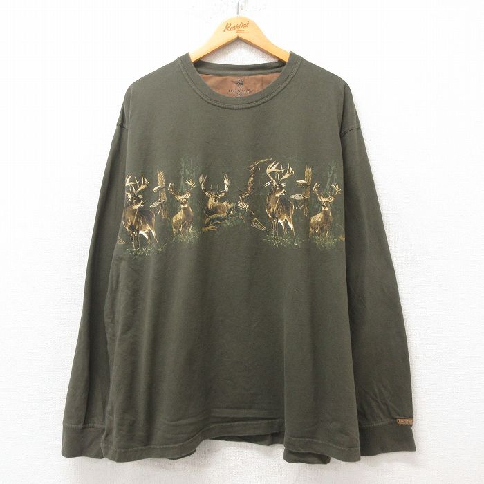 【50%OFF】XL★古着 長袖 Tシャツ メンズ シカ 大きいサイズ コットン クルーネック 緑 グリーン 25jun12 中古