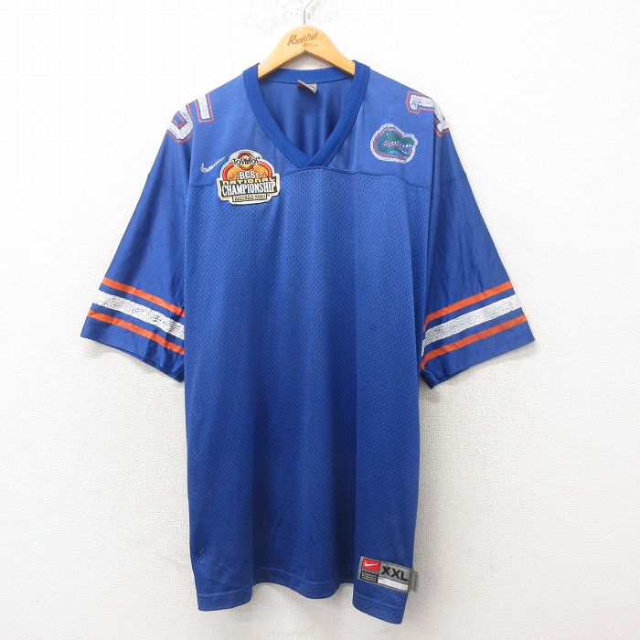 XL★古着 ナイキ NIKE 半袖 ビンテージ フットボール Tシャツ メンズ 00年代 00s フロリダゲーターズ 大きいサイズ ロング丈 メッシュ地 Vネック 青 ブルー ユニフォーム ゲームシャツ 25jun12 中古