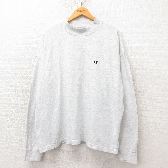 XL★古着 チャンピオン Champion 長袖 ビンテージ Tシャツ メンズ 90年代 90s ワンポイントロゴ 大きいサイズ モックネック ハイネック USA製 グレー 霜降り 【spe】 25jun12 中古