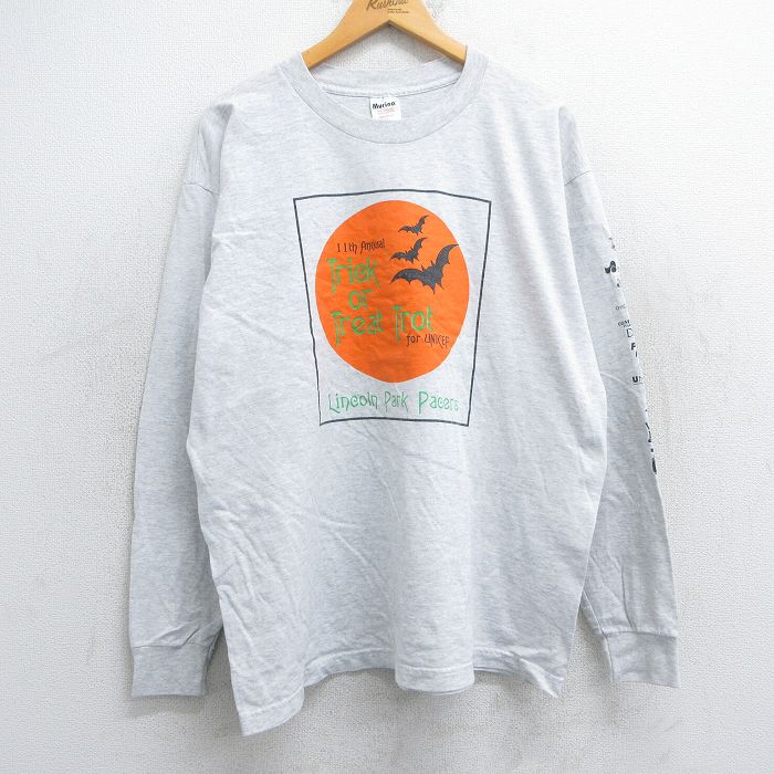 XL★古着 長袖 ビンテージ Tシャツ メンズ 90年代 90s トリックオアトリート 企業広告 コットン クルーネック USA製 薄グレー 霜降り 【spe】 25jun12 中古