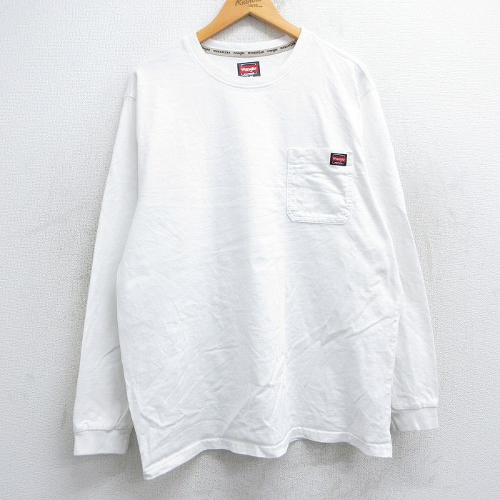 XL★古着 ラングラー Wrangler 長袖 Tシャツ メンズ ワンポイントロゴ 胸ポケット付き コットン クルーネック 白 ホワイト 25jun12 中古
