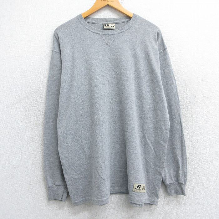 XL★古着 ラッセル 長袖 Tシャツ メンズ 無地 クルーネック グレー 霜降り 25jun12 中古