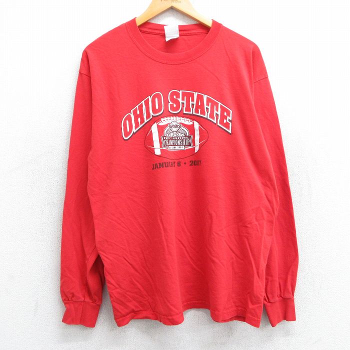 L★古着 長袖 ビンテージ Tシャツ メンズ 00年代 00s オハイオステート フットボール コットン クルーネック 赤 レッド 25jun12 中古