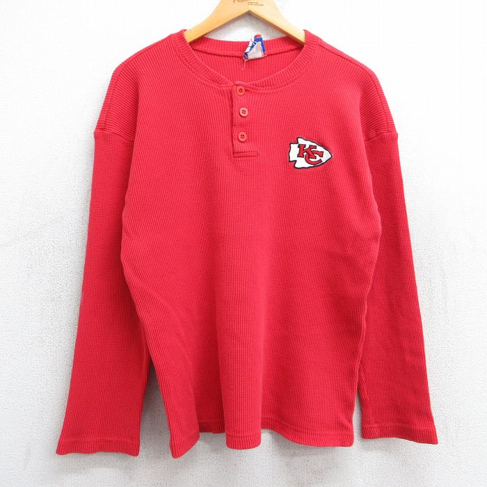 【50%OFF】XL★古着 長袖 ビンテージ サーマル Tシャツ メンズ 90年代 90s NFL カンザスチーフス コットン ヘンリーネック USA製 赤 レッド アメフト スーパーボウル 25jun12 中古
