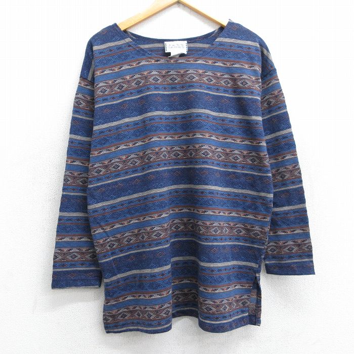 XL★古着 長袖 ビンテージ Tシャツ メンズ 90年代 90s ネイティブ柄 ラグ柄 クルーネック USA製 紺他 ネイビー ボーダー 【spe】 25jun13 中古