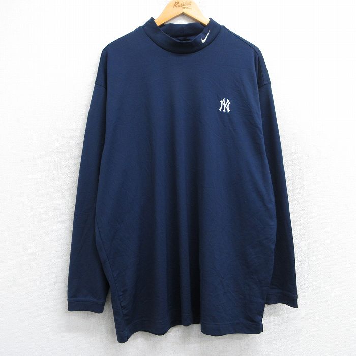 XL★古着 ナイキ NIKE ゴルフ 長袖 Tシャツ メンズ MLB ニューヨークヤンキース ワンポイントロゴ 大きいサイズ ロング丈 モックネック ハイネック 紺 ネイビー メジャーリーグ ベースボール 野球 25jun13 中古