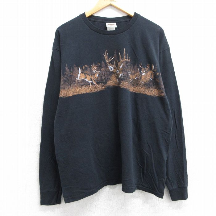 【50%OFF】XL★古着 長袖 ビンテージ Tシャツ メンズ 00年代 00s シカ コットン クルーネック 黒 ブラック 25jun13 中古