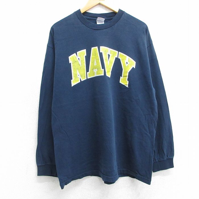 XL★古着 長袖 ビンテージ Tシャツ メンズ 00年代 00s ミリタリー ネイビー NAVY コットン クルーネック 紺 25jun13 中古