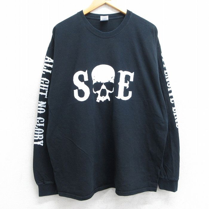 XL★古着 長袖 ビンテージ Tシャツ メンズ 00年代 00s スカル 鳥 コットン クルーネック 黒 ブラック 25jun13 中古