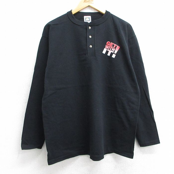 L★古着 長袖 ビンテージ Tシャツ メンズ 90年代 90s GET WITH IT コットン ヘンリーネック USA製 黒 ブラック 25jun13 中古