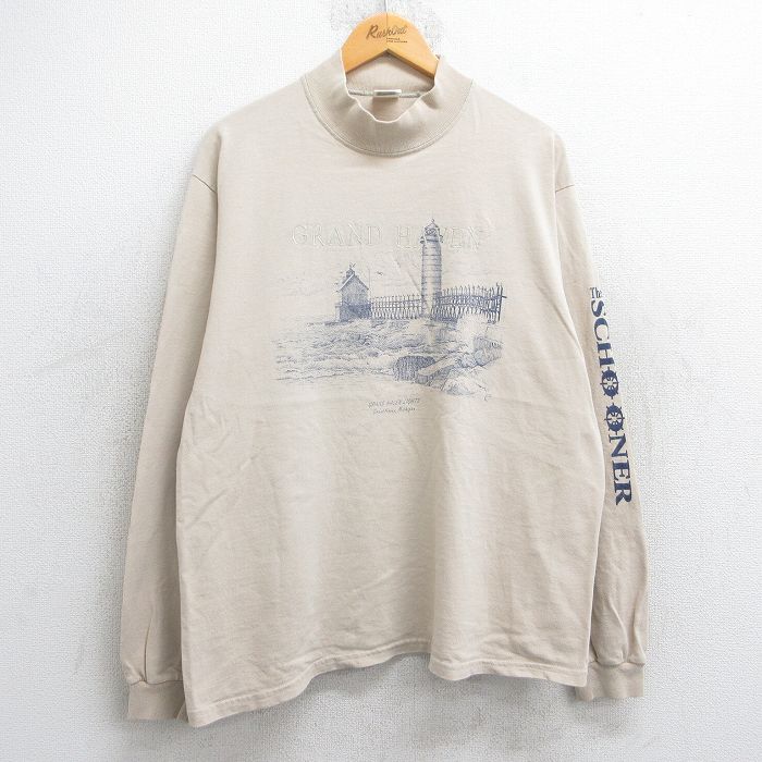 L★古着 長袖 ビンテージ Tシャツ メンズ 00年代 00s 灯台 グランドヘブン コットン モックネック ハイネック ベージュ カーキ 25jun13 中古