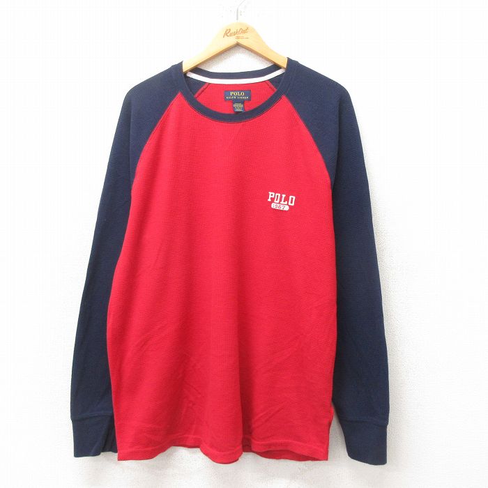 XL★古着 ラルフローレン Ralph Lauren 長袖 ブランド サーマル Tシャツ メンズ ワンポイントロゴ 大きいサイズ ツートンカラー ラグラン クルーネック 赤 レッド 25jun13 中古