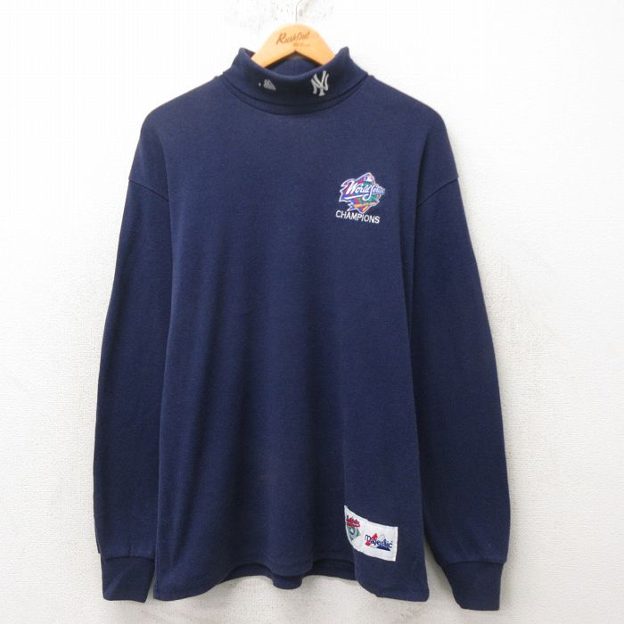 XL★古着 マジェスティック 長袖 ビンテージ Tシャツ メンズ 90年代 90s MLB ニューヨークヤンキース タートルネック ハイネック USA製 紺 ネイビー メジャーリーグ ベースボール 野球 25jun13 中古