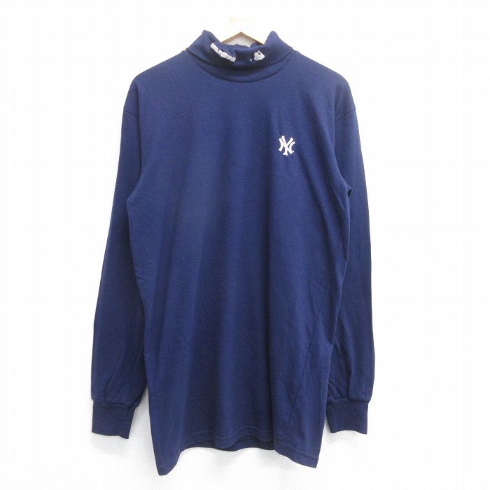 L★古着 マジェスティック 長袖 ビンテージ Tシャツ メンズ 90年代 90s MLB ニューヨークヤンキース ワールドシリーズ タートルネック ハイネック USA製 紺 ネイビー メジャーリーグ ベースボール 野球 25jun16 中古