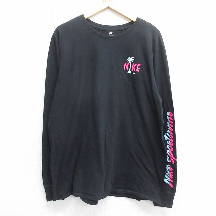 XL★古着 ナイキ NIKE 長袖 Tシャツ メンズ ビッグロゴ ヤシの木 大きいサイズ コットン クルーネック 黒 ブラック 25jun16 中古