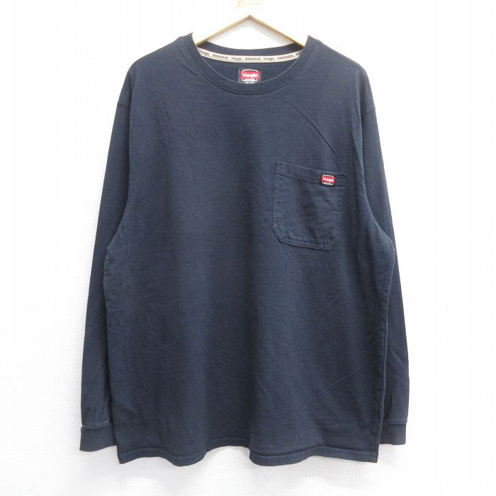 XL★古着 ラングラー Wrangler 長袖 Tシャツ メンズ 胸ポケット付き コットン クルーネック 濃紺 ネイビー 25jun16 中古