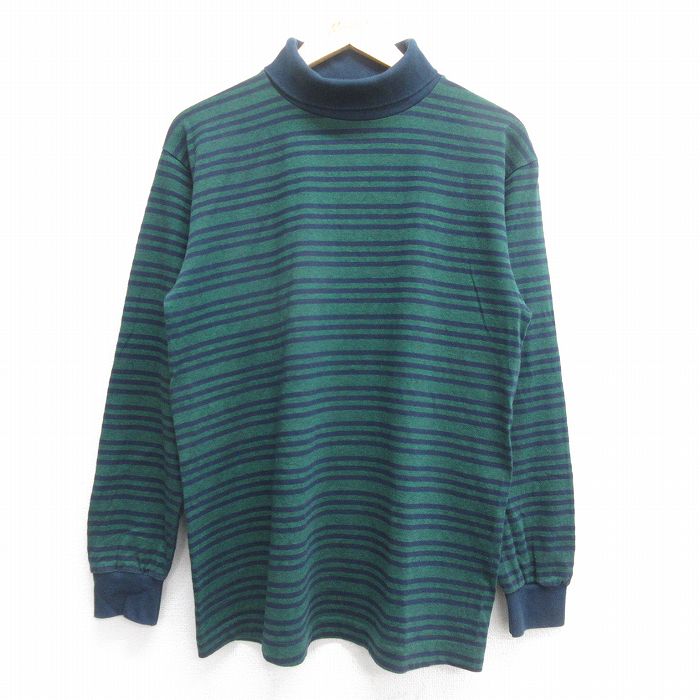 L★古着 長袖 ビンテージ Tシャツ メンズ 90年代 90s タートルネック ハイネック USA製 緑他 グリーン ボーダー 25jun16 中古
