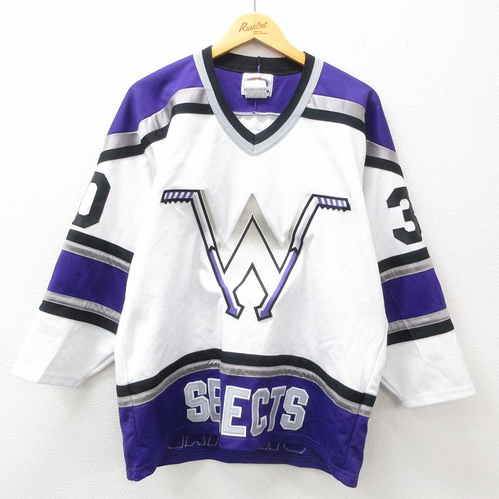 XL★古着 長袖 ビンテージ Tシャツ アイスホッケー ジャージ メンズ 90年代 90s SELECTS メッシュ地 大きいサイズ Vネック カナダ製 白他 ホワイト 25jun19 中古