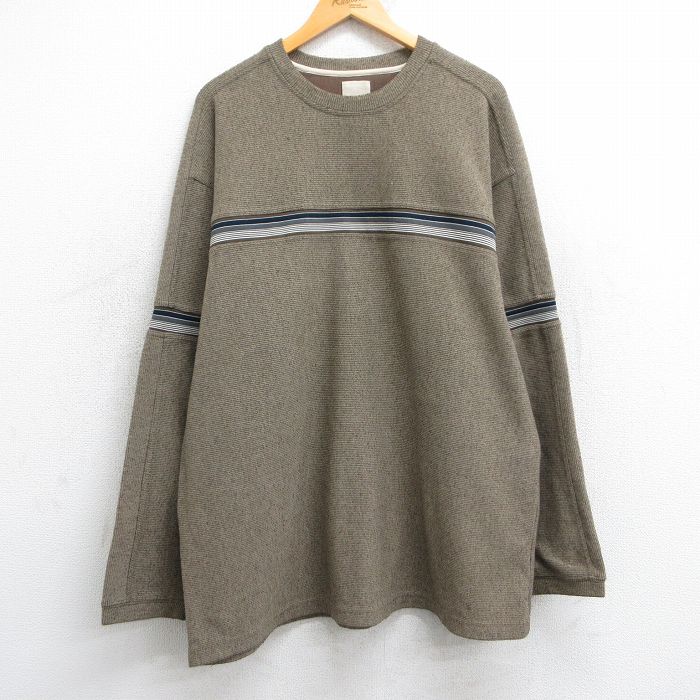 XL★古着 長袖 Tシャツ メンズ ロング丈 クルーネック ベージュ他 カーキ 25jun18 中古