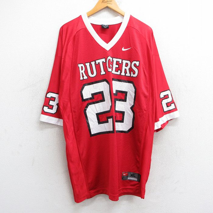【20%OFF】XL★古着 ナイキ NIKE 半袖 ビンテージ フットボール Tシャツ メンズ 90年代 90s ラトガース 23 ラグラン メッシュ地 大きいサイズ ロング丈 Vネック 赤他 レッド ユニフォーム ゲームシャツ 25jun18 中古