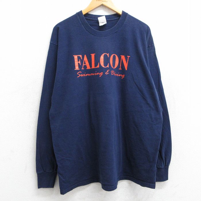 【20%OFF】XL★古着 フルーツオブザルーム 長袖 ビンテージ Tシャツ メンズ 00年代 00s ファルコン スイミング コットン クルーネック 紺 ネイビー 25jun18 中古