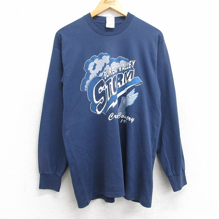 M★古着 フルーツオブザルーム 長袖 ビンテージ Tシャツ メンズ 90年代 90s ウイングフット BUREAU VALLEY STORM クルーネック USA製 紺 ネイビー 25jun18 中古