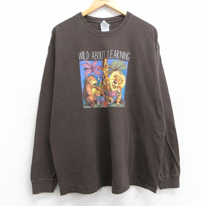 【20%OFF】XL★古着 長袖 ビンテージ Tシャツ メンズ 00年代 00s ライオン クマ キリン コットン クルーネック 茶 ブラウン 25jun19 中古