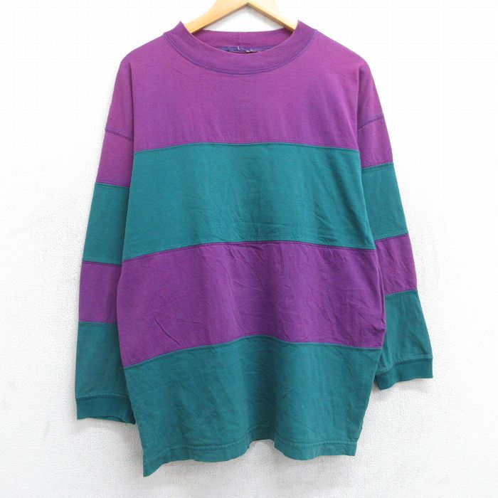 【50%OFF】L★古着 長袖 Tシャツ メンズ ツートンカラー クルーネック 紫他 パープル 【spe】 25jun19 中古