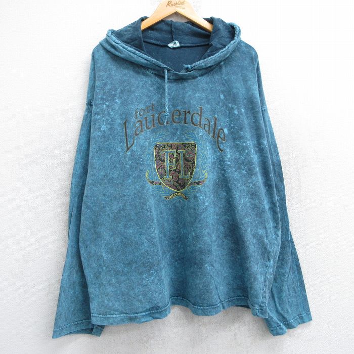 XL★古着 長袖 ビンテージ Tシャツ パーカー メンズ 90年代 90s フォートローダデール 大きいサイズ USA製 水色系 タイダイ 25jun19 中古