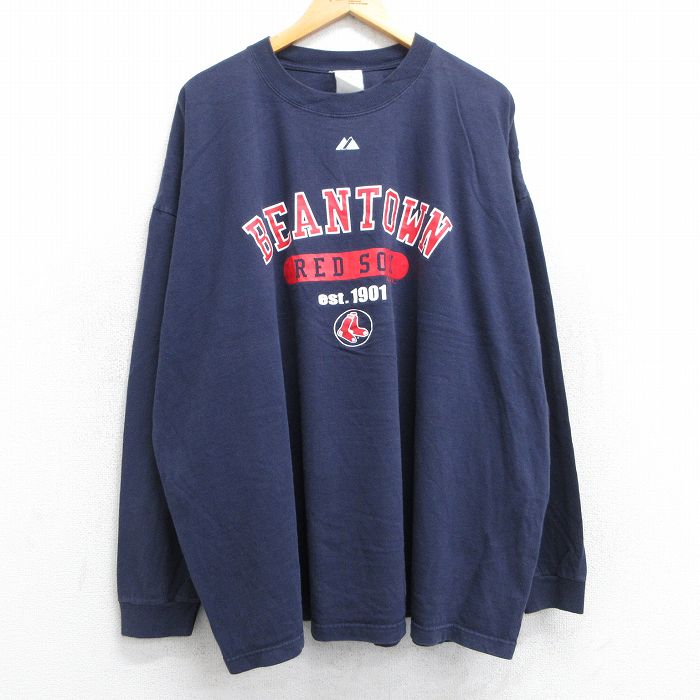 【50%OFF】XL★古着 マジェスティック 長袖 ビンテージ Tシャツ メンズ 00年代 00s MLB ボストンレッドソックス 大きいサイズ クルーネック 紺 ネイビー メジャーリーグ ベースボール 野球 25jun19 中古