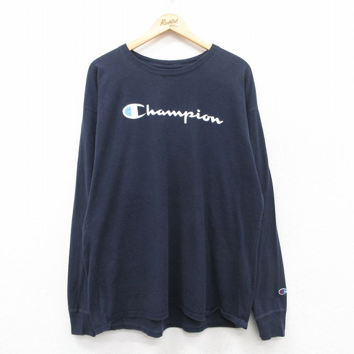 XL★古着 チャンピオン Champion 長袖 Tシャツ メンズ ビッグロゴ 大きいサイズ クルーネック 紺 ネイビー 25jun20 中古