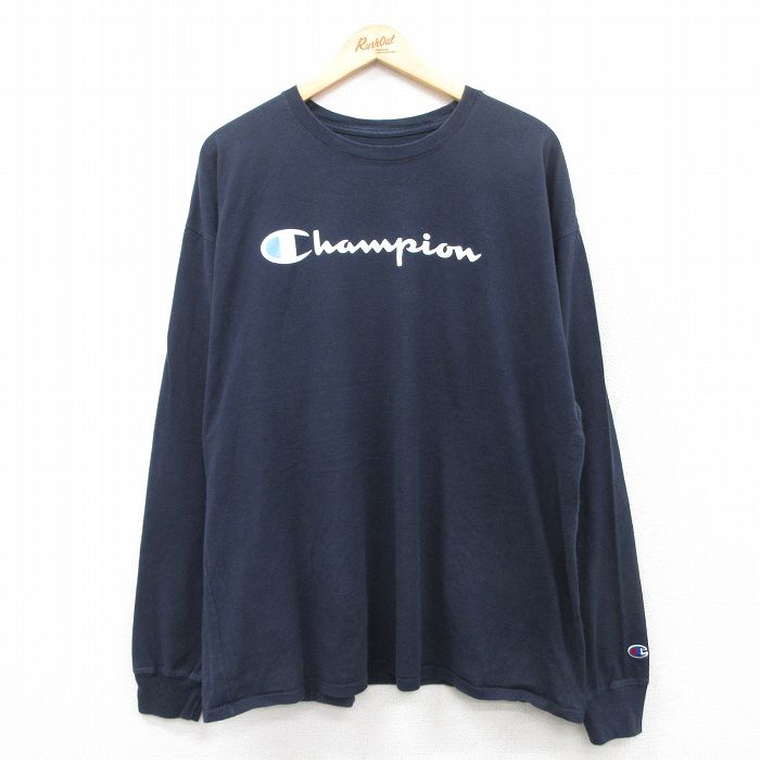 XL★古着 チャンピオン Champion 長袖 Tシャツ メンズ ビッグロゴ 大きいサイズ クルーネック 紺 ネイビー 25jun20 中古