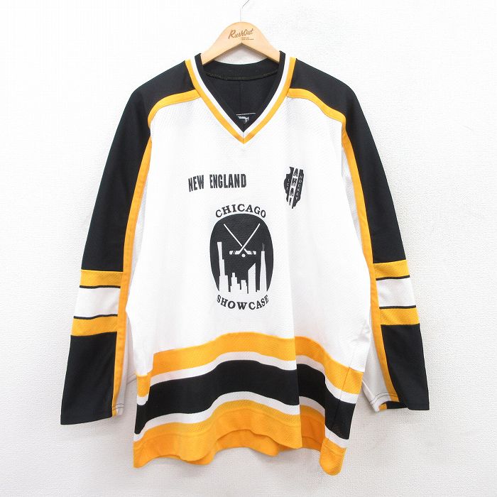 XL★古着 長袖 ビンテージ Tシャツ アイスホッケー ジャージ メンズ 90年代 90s シカゴ ショーケース 11 メッシュ地 大きいサイズ Vネック カナダ製 白他 ホワイト ゲームシャツ ユニフォーム 25jun20 中古