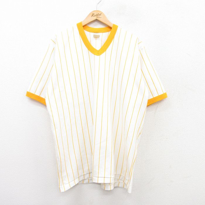 XL★古着 半袖 ビンテージ Tシャツ メンズ 80年代 80s Vネック 白他 ホワイト ストライプ 25jun20 中古