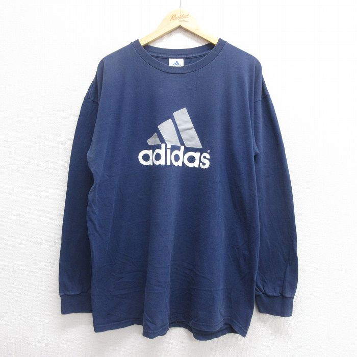 XL★古着 アディダス adidas 長袖 ビンテージ Tシャツ メンズ 90年代 90s ビッグロゴ コットン クルーネック USA製 紺 ネイビー 25jun20 中古