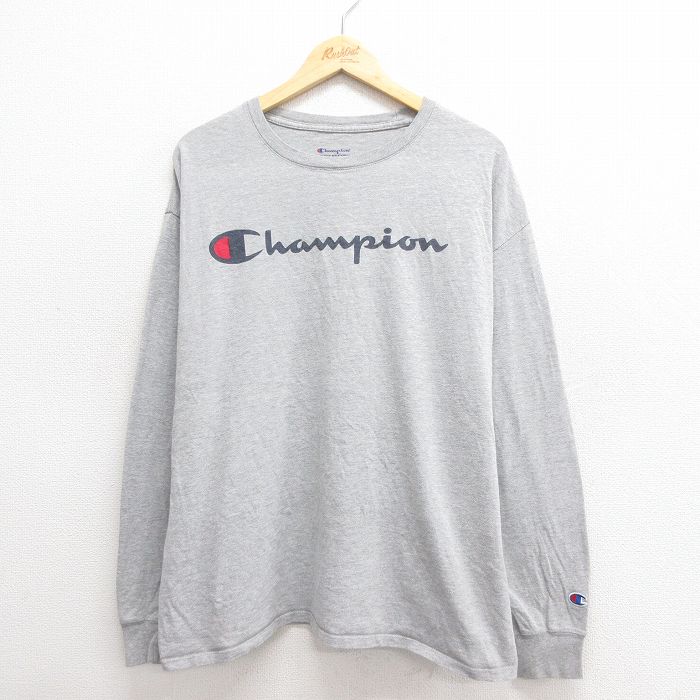 XL★古着 チャンピオン Champion 長袖 Tシャツ メンズ ビッグロゴ 大きいサイズ クルーネック グレー 霜降り 25jun20 中古