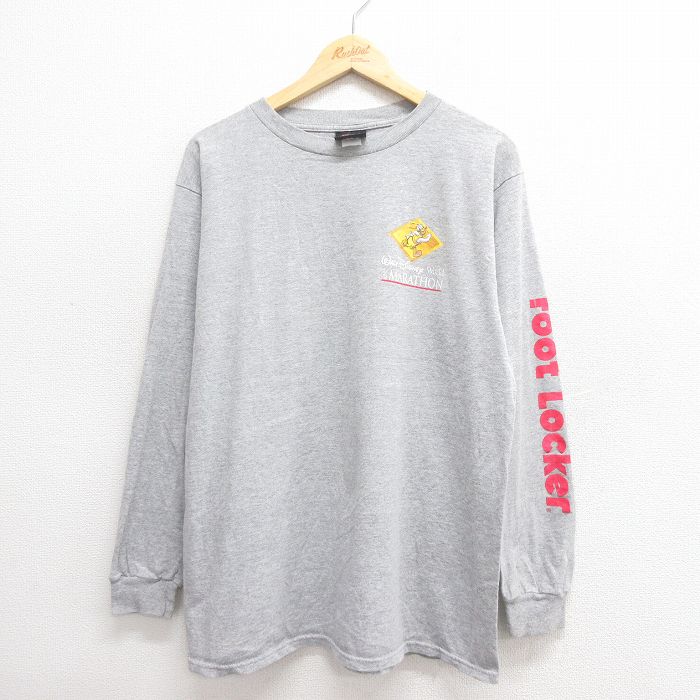 L★古着 長袖 ビンテージ Tシャツ メンズ 00年代 00s ディズニー DISNEY ドナルド マラソン クルーネック グレー 霜降り 25jun20 中古