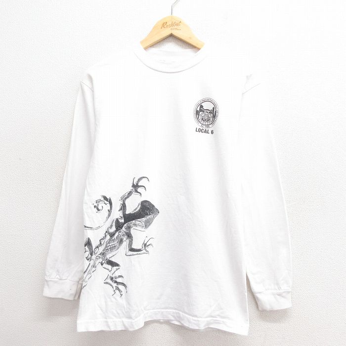 M★古着 長袖 ビンテージ Tシャツ メンズ 00年代 00s トカゲ コットン クルーネック USA製 白 ホワイト 25jun20 中古