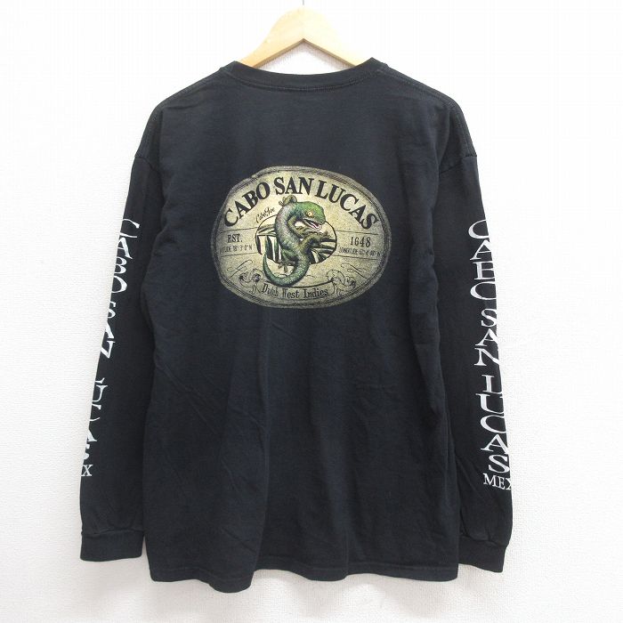 XL★古着 長袖 Tシャツ メンズ トカゲ コットン クルーネック 黒 ブラック 25jun20 中古