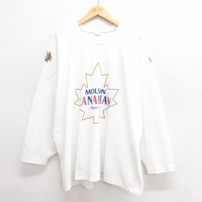 XL★古着 長袖 ビンテージ Tシャツ アイスホッケー ジャージ メンズ 90年代 90s モルソンカナディアンビール 大きいサイズ メッシュ地 Vネック 白 ホワイト ユニフォーム ゲームシャツ 25jun20 中古